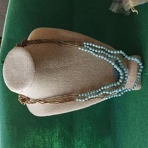 Beautiful gold & blue bead necklace ball & hoop clasp 14 inches long.         T1